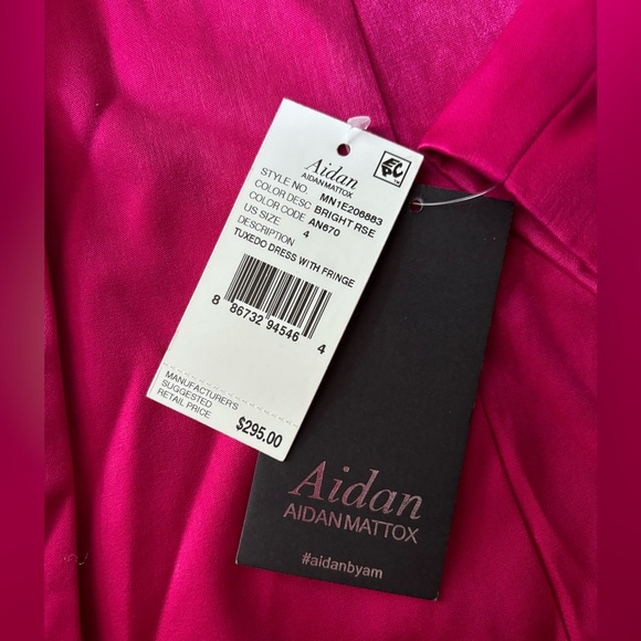 NWT - Aidan Mattox Charmeuse-Tuxedo Dress w/Fringe - Color: Bright Rose, Size 4 - Picture 7 of 7